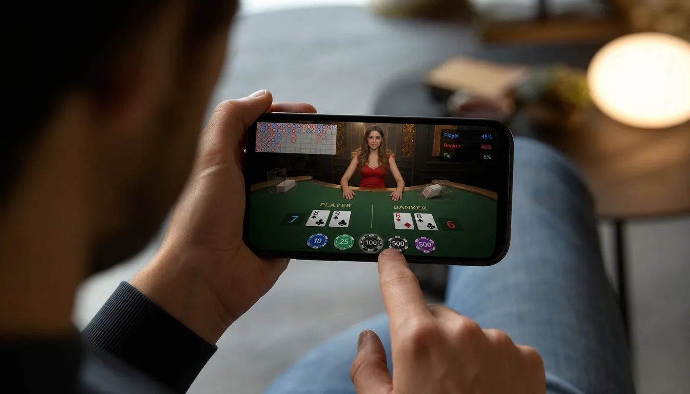 Playing live baccarat on mobile phone at EE9 Casino Malaysia