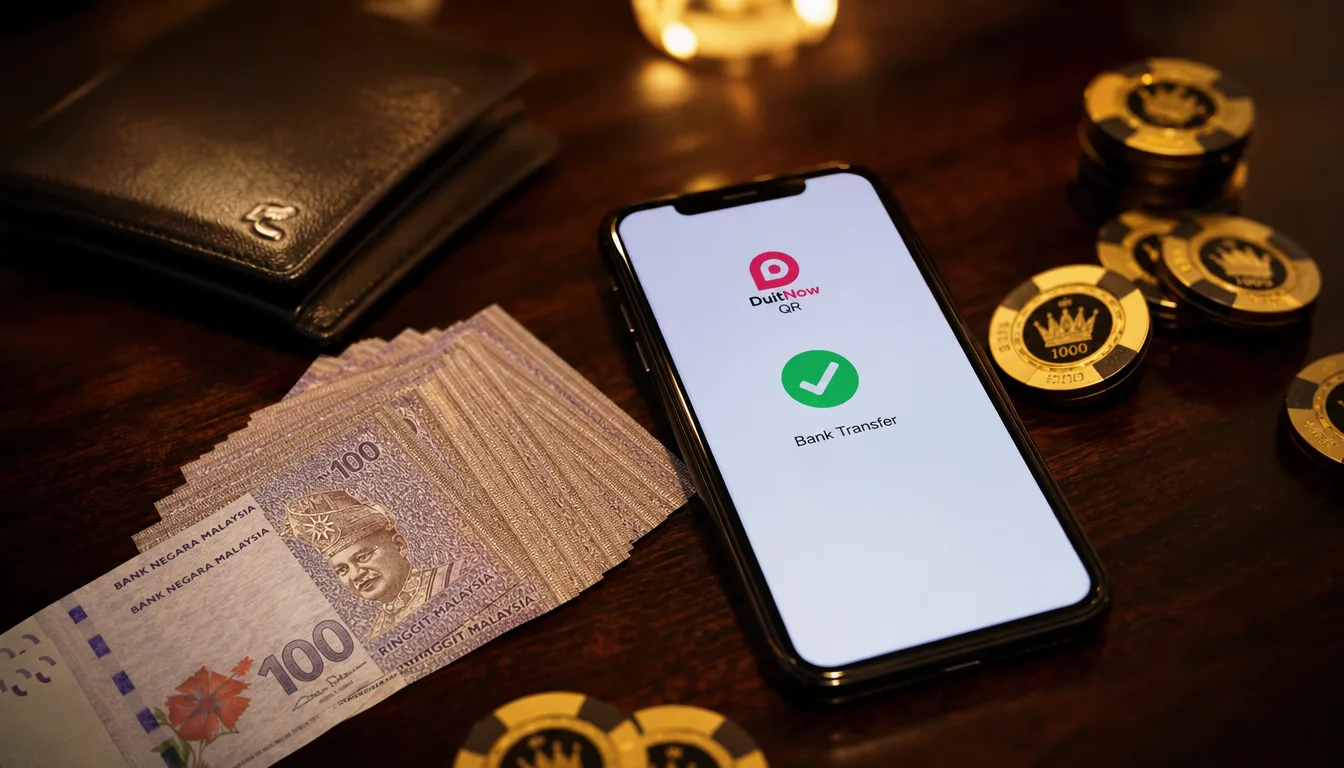DuitNow casino Malaysia deposit process shown on smartphone banking app next to EE9 online casino chips