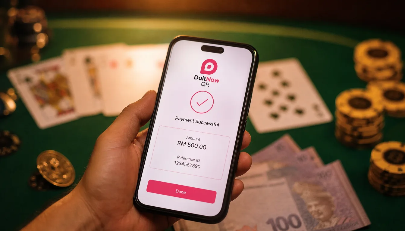 Close up of Malaysian Ringgit notes and smartphone showing DuitNow QR payment for online casino deposit at EE9