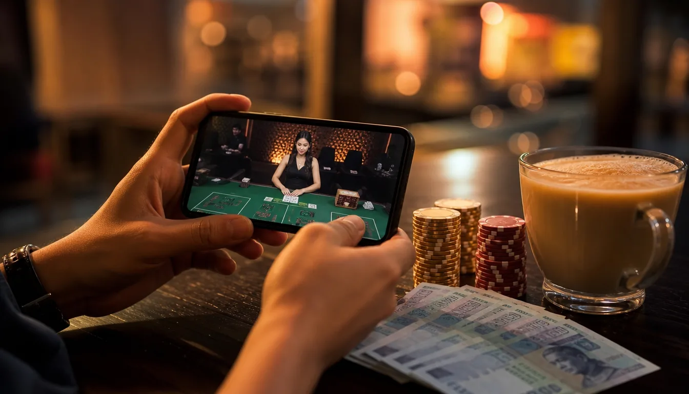 Playing fish prawn crab live casino game on mobile phone with chips and teh tarik at EE9 Malaysia