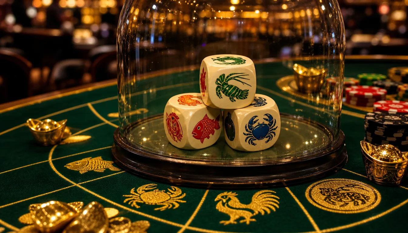Fish prawn crab dice under glass shaker on green felt table at EE9 Online Casino Malaysia