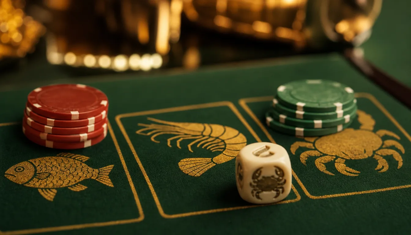 Fish prawn crab betting mat with fish, prawn and crab squares and casino chips for 鱼虾蟹 online at EE9 Malaysia
