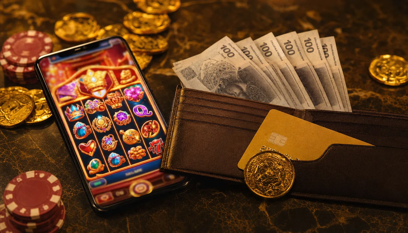 Smartphone displaying colorful slot games next to leather wallet with Malaysian Ringgit for free credit casino bonus at EE9