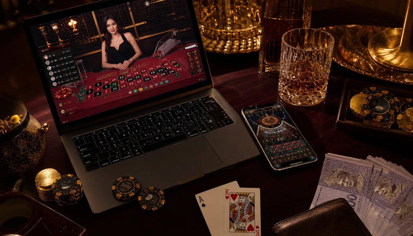 Premium laptop showing EE9 live dealer casino game with chips cards and Malaysian Ringgit on dark mahogany desk