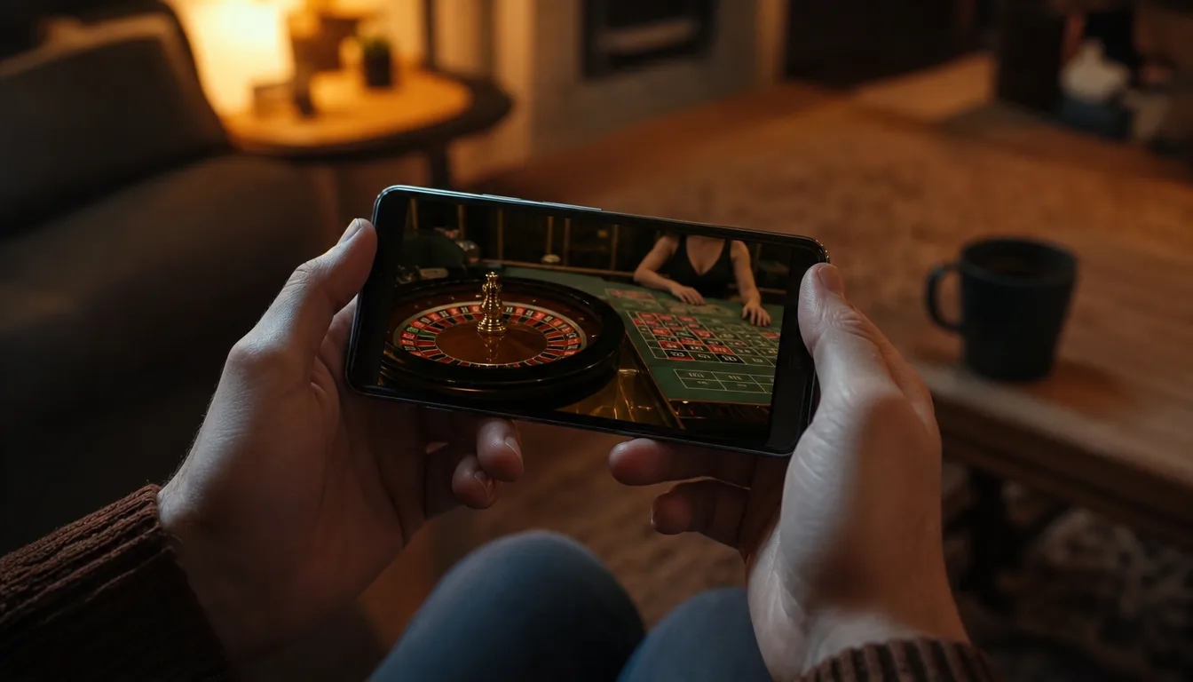 Playing live roulette on mobile phone at EE9 Online Casino Malaysia with betting interface visible