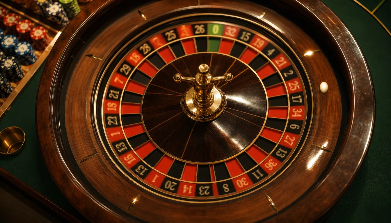 European roulette wheel and betting layout at EE9 Online Casino Malaysia with gold ambient lighting