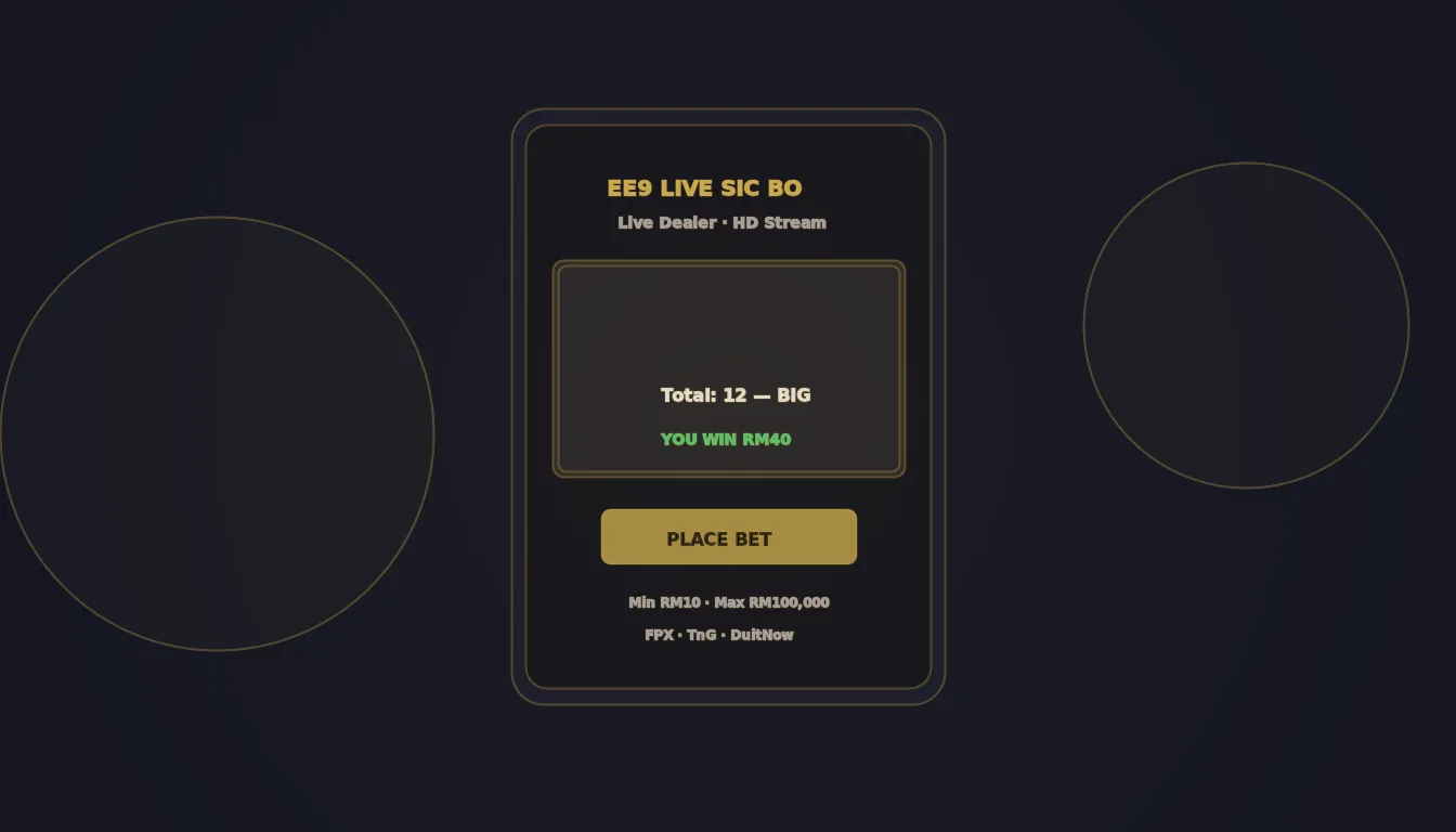 Playing live sic bo on mobile phone at EE9 Casino Malaysia with dice game strategy tips on screen