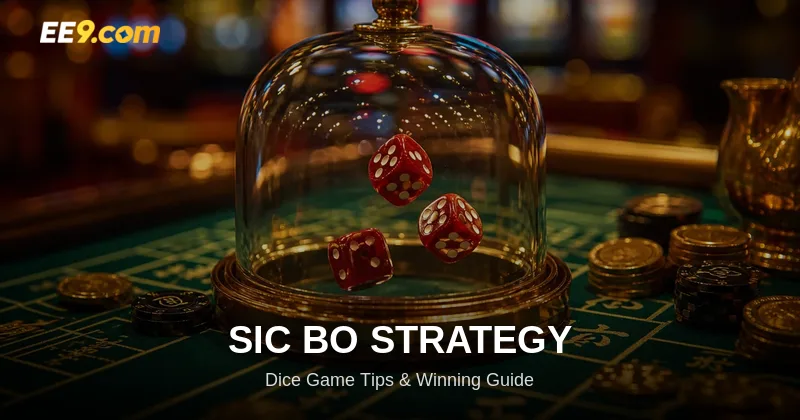 Sic Bo dice game strategy guide with casino chips and golden betting grid at EE9 Malaysia
