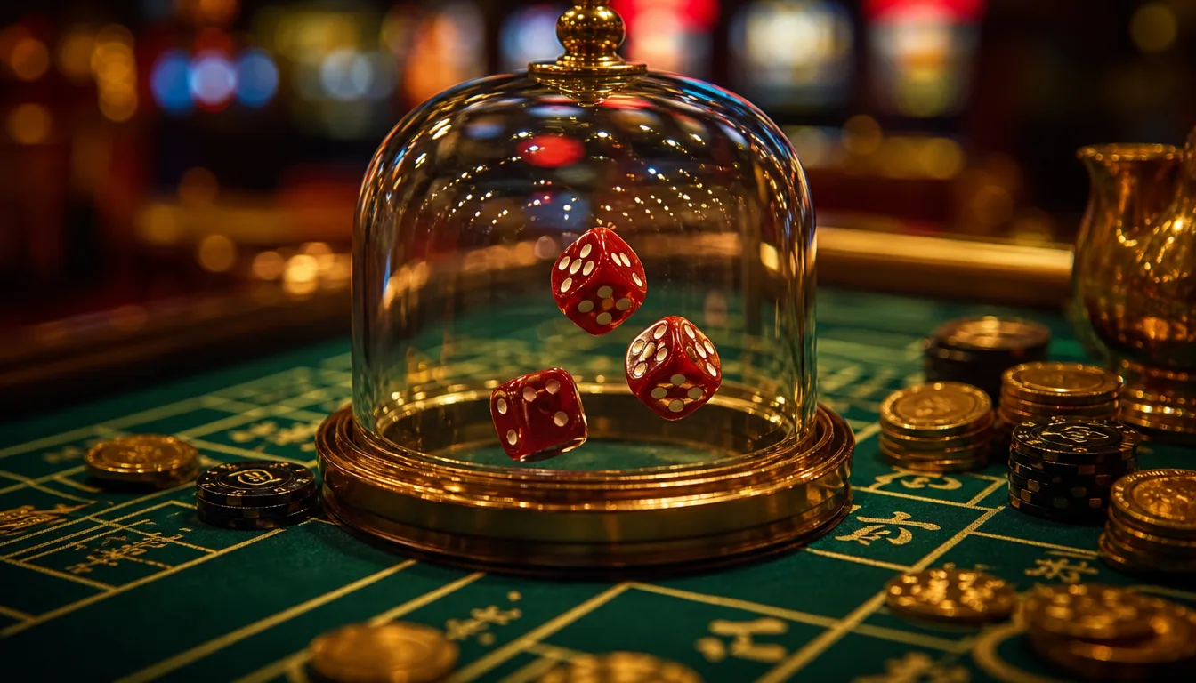Three red dice tumbling inside glass dome shaker on Sic Bo betting table at EE9 online casino Malaysia