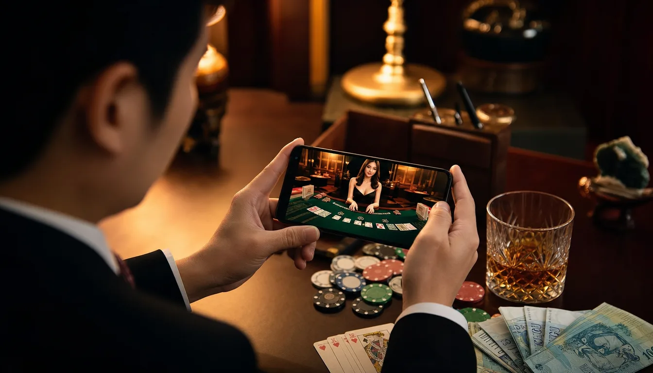 Malaysian high roller checking vip live casino malaysia session on mobile phone with chips and cash nearby