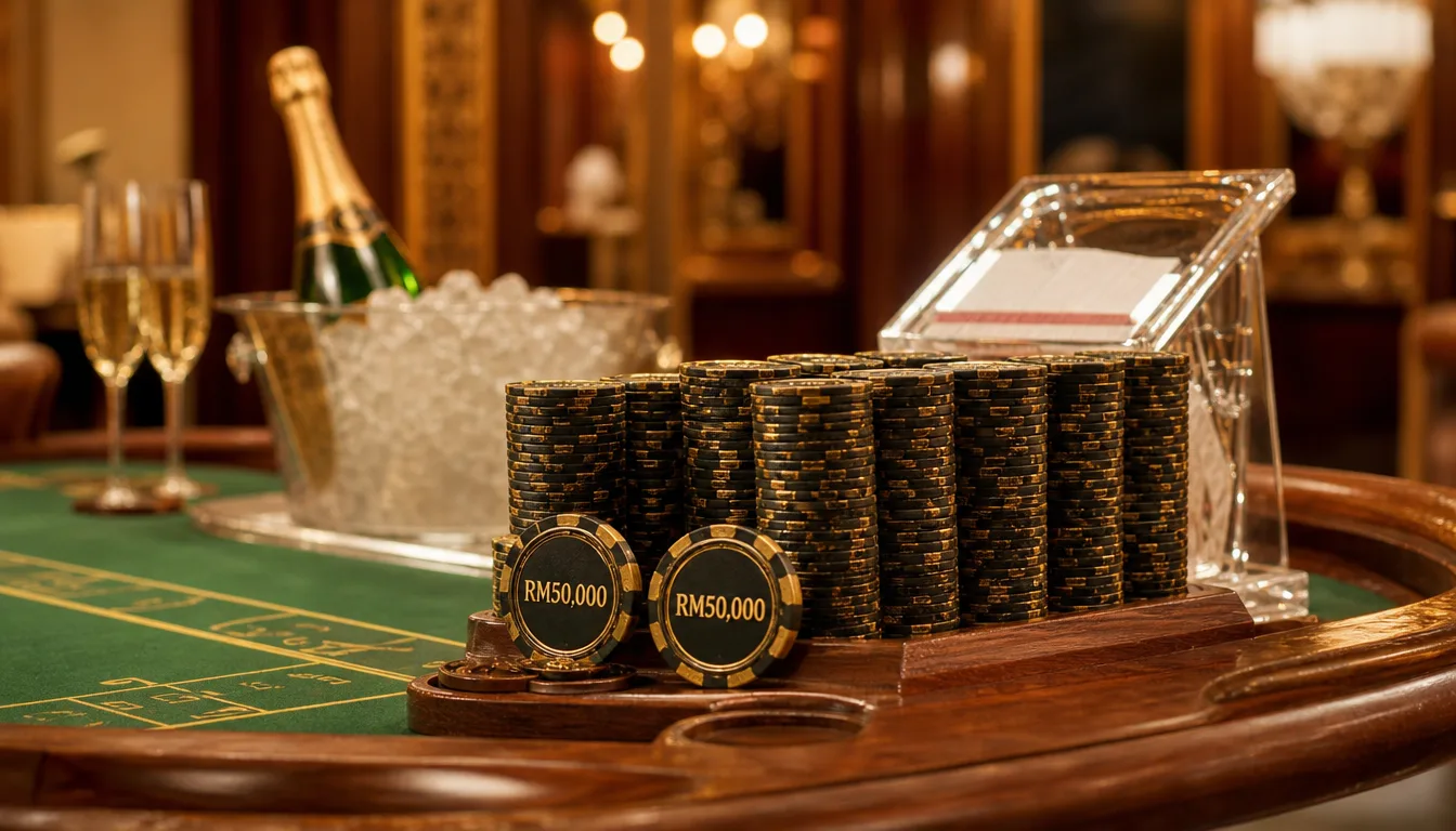 VIP live casino malaysia high roller table with gold chips and champagne at EE9 Online Casino